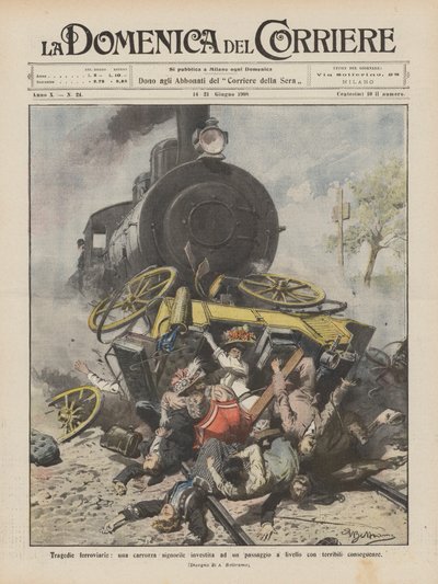 Demiryolu trajedileri, hemzemin geçitte korkunç sonuçlara yol açan zarif bir vagon by Achille Beltrame