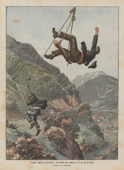 Dağdan vadiye demir bir tel üzerinde trajik çocukça girişim by Achille Beltrame