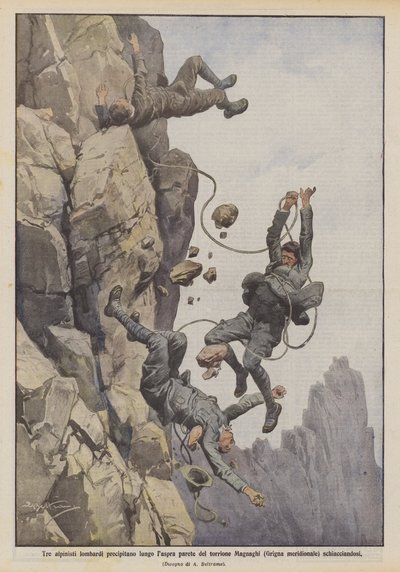 Üç Lombard dağcı Magnaghi kulesinin (güney Grigna) engebeli duvarı boyunca düşerek eziliyor. by Achille Beltrame