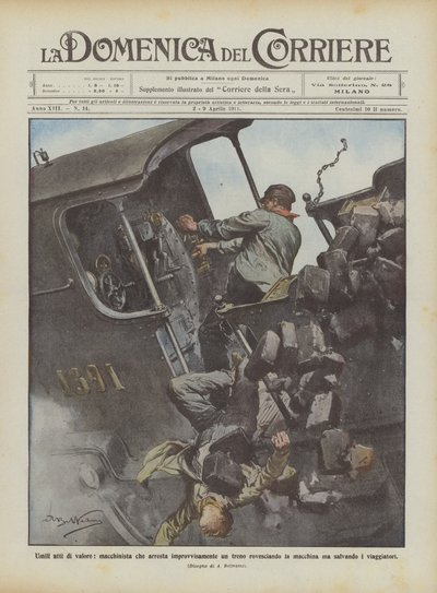 Mütevazı cesaret gösterileri, arabayı devirerek bir treni aniden durduran sürücü? by Achille Beltrame