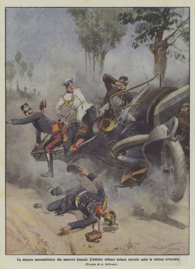 Fransız manevralarında araba faciası, Alman subayı devrilen arabanın altında ezildi by Achille Beltrame