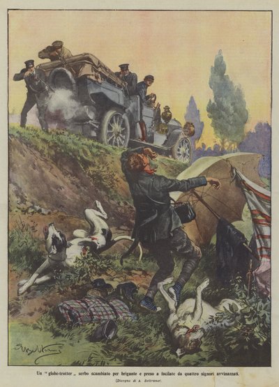 Dört sarhoş bey tarafından bir haydutla karıştırılan ve vurulan bir Sırp küre paçası by Achille Beltrame