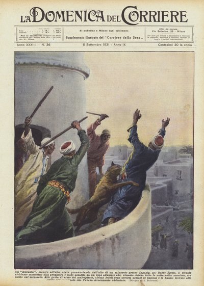 Bir müezzin, şafak vakti Zagazig yakınlarındaki bir minarenin tepesinden konuşuyordu? by Achille Beltrame