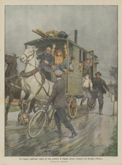 Cernusco sul Naviglio (Milan) yakınlarında bir grup çingene tarafından kaçırılan on bir yaşında bir çocuk by Achille Beltrame