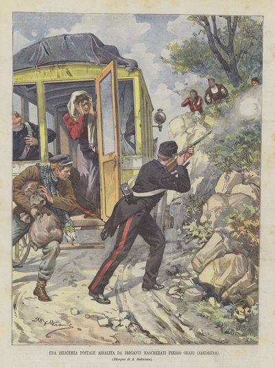 Orani (Sardunya) yakınlarında maskeli haydutların saldırısına uğrayan bir posta titizliği by Achille Beltrame
