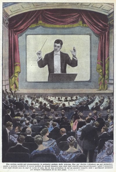 Sinemada merak uyandıran bir yenilik, perdenin rehberliğinde orkestralar by Achille Beltrame