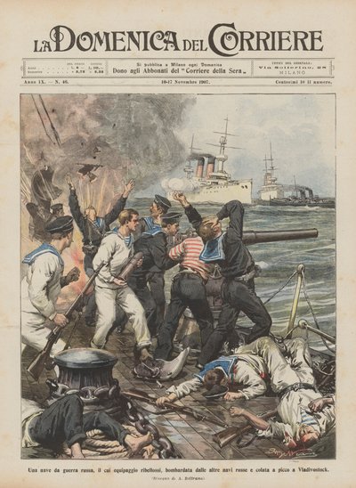 Mürettebatı isyan eden, diğer Rus gemileri tarafından bombalanan ve dökülen bir Rus savaş gemisi mi? by Achille Beltrame