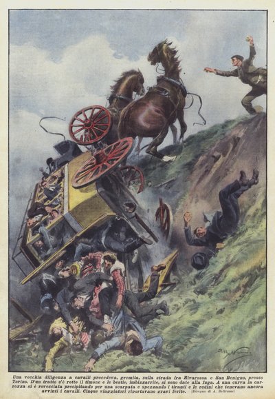 Torino yakınlarında, Rivarossa ile San Benigno arasındaki yolda, eski bir atlı titizlik ilerledi. by Achille Beltrame