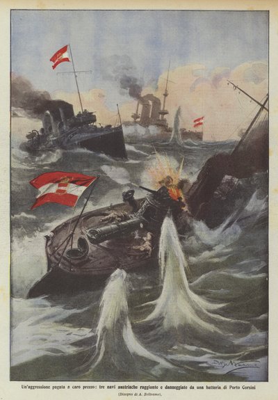 Yüksek bir fiyata ödenen bir saldırganlık, üç Avusturya gemisine ulaştı ve bir Porto Corsini bataryası tarafından hasar gördü. by Achille Beltrame