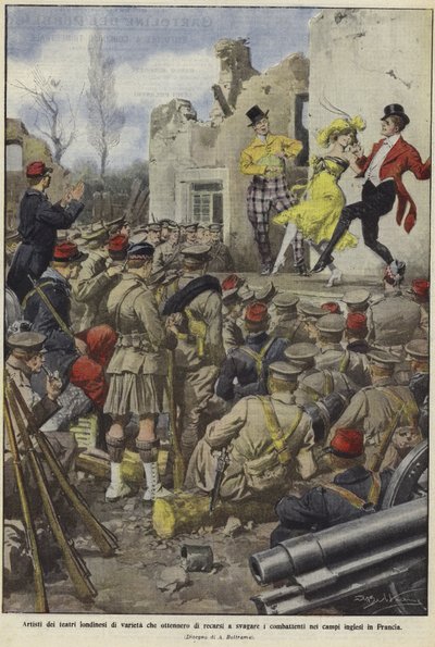 Fransa'daki kamplarda İngiliz birliklerini eğlendiren Londra tiyatrolarının çeşitli sanatçıları by Achille Beltrame