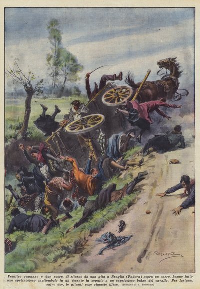 Yirmi üç kız ve iki rahibe, Praglia (Padua) gezisinden bir at arabasıyla mı dönüyor? by Achille Beltrame