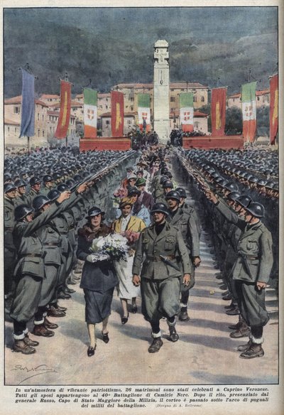 10/10/1937 tarihli Achilles Beltrame de “” La Domenica del corriere ”” ” ”deki Veronese Caprino en Venetie İllüstrasyonunda siyah gömlekli üyelerin düğün töreni. by Achille Beltrame