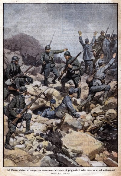 Dünya Savaşı: Carso platosunda (Trentino) İtalyan cephesi ve yeraltındaki mahkumlar. "Domenica del Corriere". 07/1917 (litografi) by Achille Beltrame
