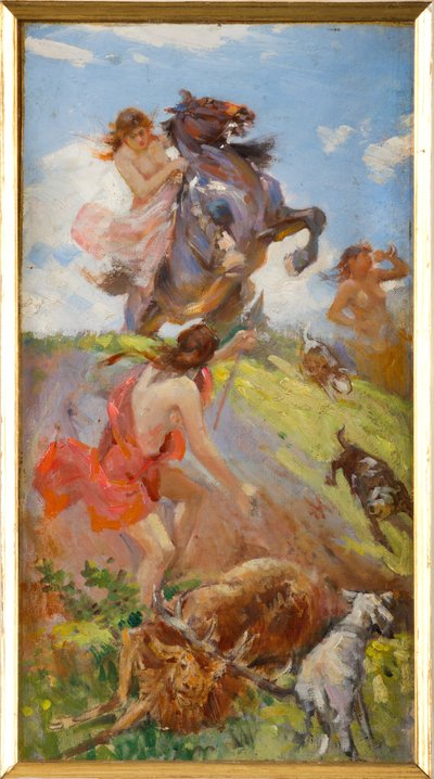 Geyik avlayan Amazonlar (karton üzerine tuval üzerine yağlı boya) by Achille Boschi