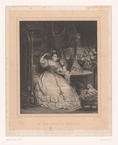 Aynanın önüne gelin adayı kolye takıyor Un jour avant le mariage (nesne üzerindeki başlık) by Achille Devéria
