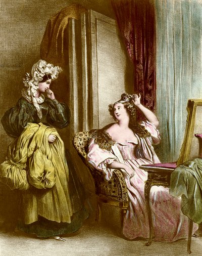 Tuvalet: cariyesi ile zarif bir genç kadın Litografi Aşil Deveria (1800-1857) 19. yüzyıl Koleksiyon Particuliere by Achille Devéria