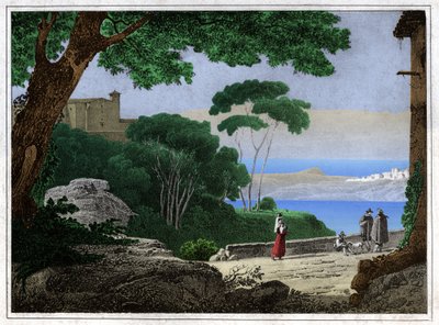 Albano Gölü. (gravür, yaklaşık 1820) by Achille Etna Michallon