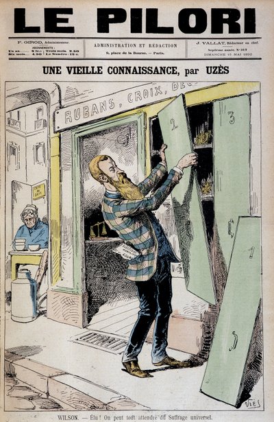 Seçildi! Her şeyi evrensel oy hakkından bekleyebiliriz (Daniel Wilson reelu depute karikatürü) - Uzes (Achille Lemot dit) (1846-1909), 15/05/1892 tarihli “Le Pilori”de by Achille Lemot