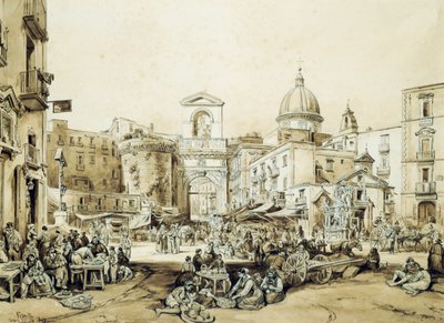 Napoli'deki Porta Capuana, Achille Vianelli (1803-1894), sepya, 43x60.5 cm by Achille Vianelli
