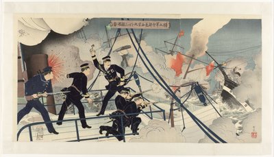 Deniz Kuvvetleri Komutanı Kabayama, Seikyô Maru ile bir düşman gemisine saldırır. Kabayama gunreibuchô Seikyô Maru o motte tekikan ni ataru (nesnedeki başlık) by Adachi  Ginkō