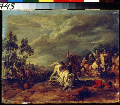 Savaş. Bir savaş. Adam Frans van der Meulen (1632-1690) tablosu. Ahşap üzerine yağ. Flaman sanatı, barok tarzı. Puşkin Güzel Sanatlar Müzesi, Moskova. by Adam Frans van der Meulen