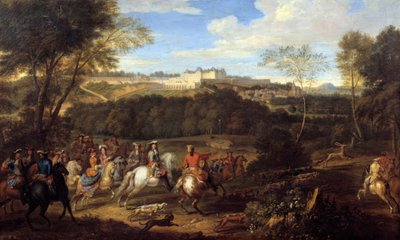 Kral Louis XIV (1638-1715) ve Mahkeme, Adam Frans Van der Meulen (1632-1690) okulundan Meudon Resim kalesinin görüş alanında avlanıyor. 17. yüzyıl Güneşi. 0,77x1,27 by Adam Frans van der Meulen
