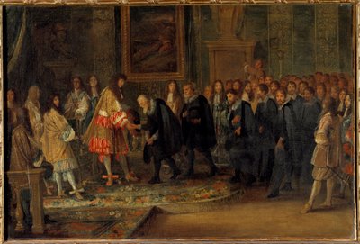Kral Louis XIV, Louvre'da İsviçre büyükelçilerini kabul ediyor 11/11/1663 Adam Van der Meulen (1632-1690) 1664 Sun tablosu. 0,44x0,66 m by Adam Frans van der Meulen