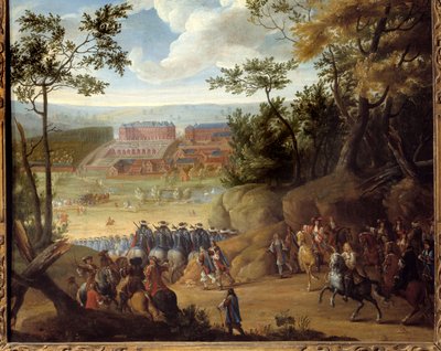 Versay'ın 1664'te Fransa Kralı Louis XIV (1638-1715) ve bir silahşör bölüğü ile birlikte görünümü. Adams Frans Van der Meulen'in (1632-1690) tablosu by Adam Frans van der Meulen