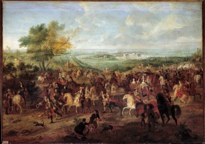 Kral Louis XIV (1638-1715), Avusturya Kraliçesi Marie Therese, Dauphin Louis ve Dauphine'nin Versay'daki Clagny kalesinin önünde arabasıyla yürüyün Resim Adam van der Meulen (1632-1690) 1680 civarında Güneş. 1,4x1,9 by Adam Frans van der Meulen