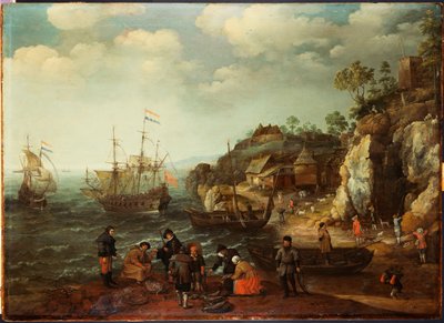 Kıyıda balıkçılar ve avcılar ile kıyı sahnesi, 1626 by Adam Willaerts