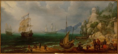 Yelkenli gemiler ve balıkçılar ile kayalık kıyı manzarası by Adam Willarts