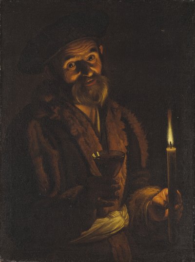 Bir mum ve bir bardak tutan yaşlı adam by Adam de Coster