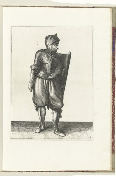 Tarçın ve meç ile yapılan egzersiz: asker tarağı arkadan sol omzunun üzerinden getirir (no. 2), 1618 Nassausche Wapen-Handelinge, van Schilt, Spies, Rappier ve Targe: beyde figuerlick betimlenmiş ve yeni düzenden sonra çerçevelenmiş (... by Adam van Breen