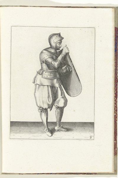 Tarçın ve meç ile egzersiz: asker tarağı sağ eliyle ve kemeri sol eliyle kavrar (no. 3), 1618 Nassausche Wapen-Handelinge, van Schilt, Spies, Rappier ve Targe : beyde figuerlick betimlenmiş ve sonrasında çerçevelenmiş by Adam van Breen