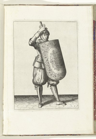 Tüfek ve meç ile tatbikat: askerin tarak ve elinde çekilmiş meç ile miğferinin vizörünü nasıl kapatması gerektiği (no. 7), 1618 Nassausche Wapen-Handelinge, van Schilt, Spies, Rappier ve Targe: beyde figuerlick betimlenmiş ve by Adam van Breen