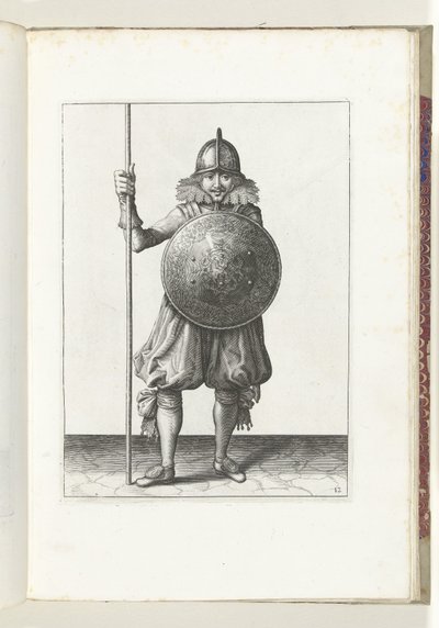 Kalkan ve mızraklı egzersiz: asker mızrağı üç kez dinlenme pozisyonuna döndürür, üçüncü hareket (no. 12), 1618 Nassausche Wapen-Handelinge, van Schilt, Spies, Rappier ve Targe : beyde figuerlick betimlenmiş ve sonrasında çerçevelenmiş by Adam van Breen
