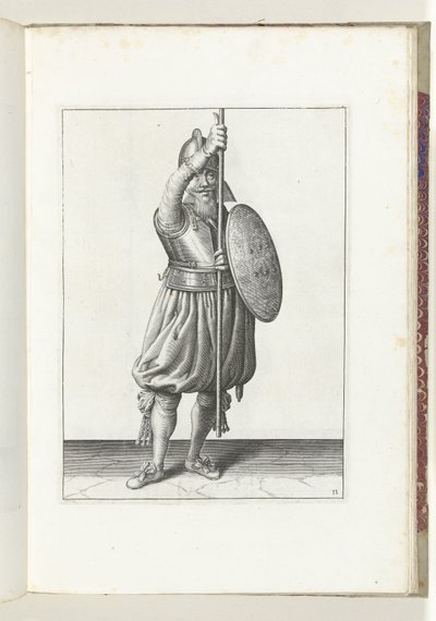 Kalkan ve mızraklı egzersiz: asker, mızrağı üç kez dinlenme pozisyonuna döndürür, ikinci hareket (no. 11), 1618 Nassausche Wapen-Handelinge, van Schilt, Spies, Rappier ve Targe : beyde figuerlick betimlenmiş ve sonrasında çerçevelenmiş by Adam van Breen