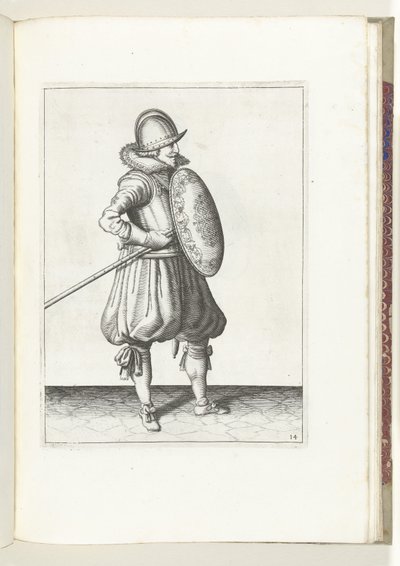Kalkan ve Diken Alıştırması: Asker Dikeni İki Kez Sürükleme Konumuna Getirir, İkinci Hareket (No. 14), 1618 Nassausche Wapen-Handelinge, van Schilt, Spies, Rappier ve Targe : beyde figuerlick betimlenmiş, yeniden sonra çerçevelenmiş by Adam van Breen
