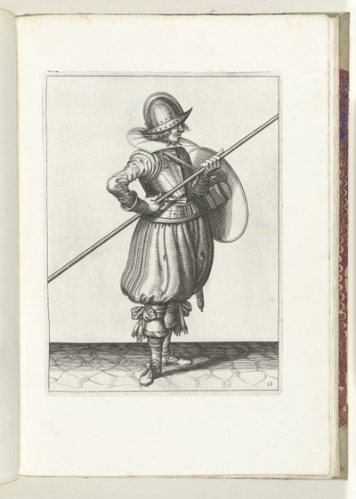 Kalkan ve Diken Alıştırması: Asker Dikeni İki Kez Sürükleme Konumuna Getirir, Birinci Hareket (No. 13), 1618 Nassausche Wapen-Handelinge, van Schilt, Spies, Rappier ve Targe : beyde figuerlick betimlenmiş, yeniden sonra çerçevelenmiş by Adam van Breen