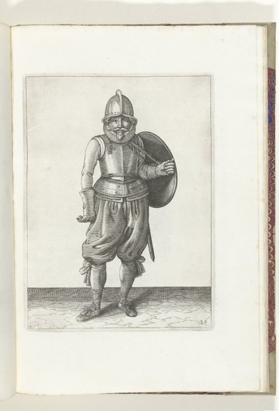 Kalkan ve mızraklı egzersiz: asker sol koluyla kalkanı sırtına koyar (no. 26), 1618 De Nassausche Wapen-Handelinge, van Schilt, Spies, Rappier ende Targe : beyde figuerlick tasvir edilmiş, ende çerçevelenmiş yeni düzenleme [of] (.. by Adam van Breen