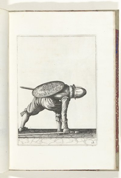 Kalkan ve Diken Egzersizi: Asker Dikeni Almak için Aşağı Eğilir (No. 28), 1618 Nassausche Wapen-Handelinge, van Schilt, Spies, Rappier ve Targe : beyde figuerlick tasvir edilmiş ve yeni düzenden sonra çerçevelenmiş (...) Maurits van Nassau (t by Adam van Breen