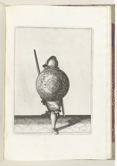 Kalkan ve Diken Egzersizi: Savunma Pozisyonunda Bir Ayağı Önde, Meç ve Kalkanı Dizde Vücudunun Önünde, Önden Görünüş (No. 22), 1618 Schilt, Spies, Rappier ve Targ