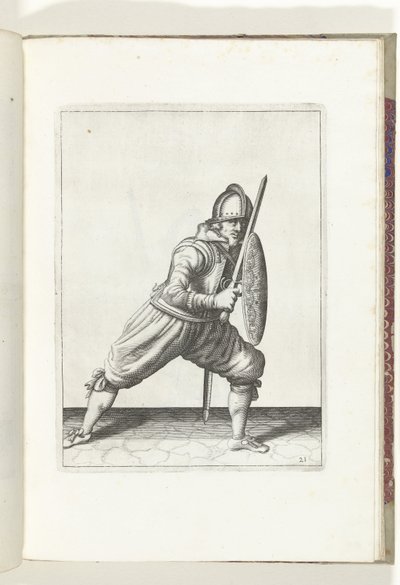 Kalkan ve Diken Egzersizi: Bir Ayağı Önde ve Meçisi ve Kalkanı Vücudun Önünde Dizde Olduğu Savunma Pozisyonunda Asker (no. 21), 1618 De Nassausche Wapen-Handelinge, van Schilt, Spies, Rappier ende Hedef : beyde figürlü by Adam van Breen