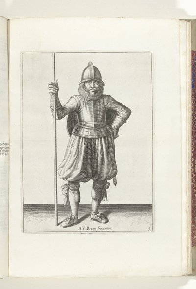 Kalkan ve Diken Egzersizi: Asker Dinleniyor, Elinde Diken ve Sırtta Kalkan (No. 1), 1618 Nassausche Wapen-Handelinge, van Schilt, Spies, Rappier ve Targe: beyde figuerlick betimlenmiş, yeni düzenden sonra çerçevelenmiş ( by Adam van Breen