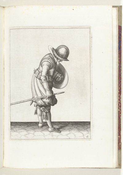 Kalkan ve şiş ile egzersiz: asker, sağ ayağının yanına şişi yere koyar (no. 16), 1618 De Nassausche Wapen-Handelinge, van Schilt, Spies, Rappier ende Targe : beyde figuerlick tasvir edilmiş, ende çerçeveli yeni sipariş [of] (...) M by Adam van Breen