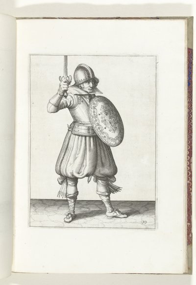 Kalkan ve Diken Egzersizi: Asker Mecini Yüzünden Daha Yüksek Olmayan Eliyle Sunar (No. 19), 1618 Nassausche Wapen-Handelinge, van Schilt, Spies, Rappier ve Targe : beyde figuerlick betimlendi ve yeni düzenden sonra çerçevelendi by Adam van Breen