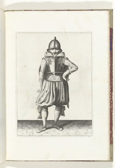 Kalkan ve Diken Egzersizi: Kalkan Sırtında Duran Asker (No. 27), 1618 Nassausche Wapen-Handelinge, van Schilt, Spies, Rappier ve Targe : beyde figuerlick tasvir edilmiş ve yeni düzenden sonra çerçevelenmiş (...) Maurits v by Adam van Breen