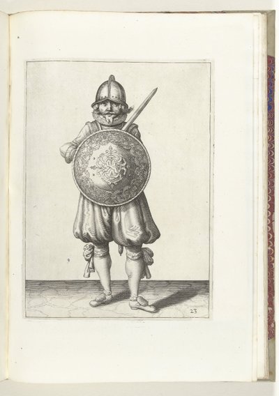 Kalkan ve Diken Egzersizi: Dinlenme Halinde Duran Meçisini Kalkanın Arkasında Sol Omuzuna Dayalı Asker (No. 23), 1618 Nassausche Wapen-Handelinge, van Schilt, Spies, Rappier ve Targe: beyde figuerlick betimlenmiş, n