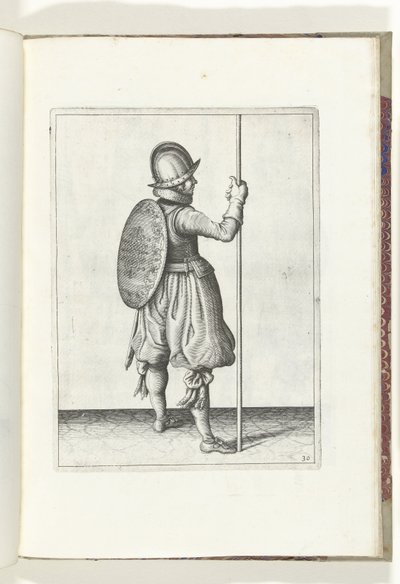 Kalkan ve Diken Alıştırması: Dikeni Yerde Sağ Ayağının Yanında Duran Asker (No. 30), 1618 Nassausche Wapen-Handelinge, van Schilt, Spies, Rappier ve Targe : beyde figuerlick betimlendi ve yeni düzenden sonra çerçevelendi by Adam van Breen