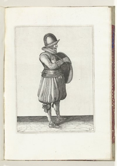 Kalkan ve mızraklı egzersiz: asker kolunu kalkanın kemerinden çeker (no. 25), 1618 De Nassausche Wapen-Handelinge, van Schilt, Spies, Rappier ende Targe : beyde figuerlick tasvir edilmiş, yeniden sonra çerçevelenmiş sıra [of] (...) Maurits by Adam van Breen